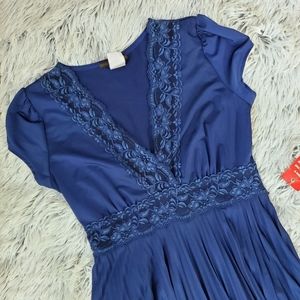 Blue Lace Detail Pleated Dress